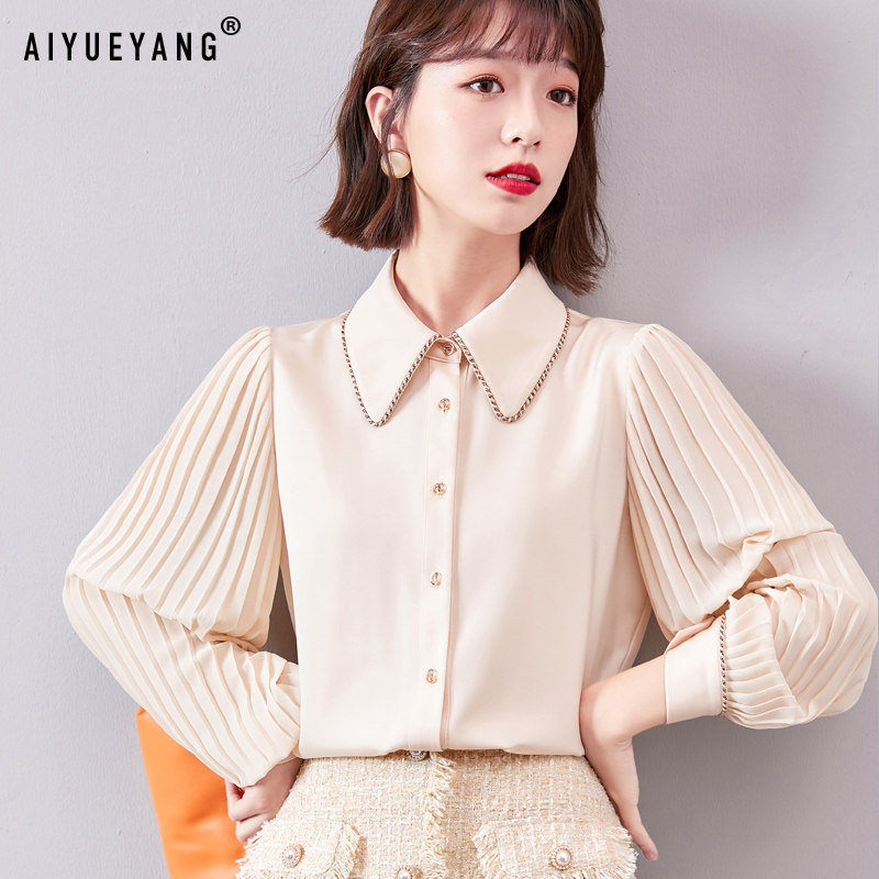 秋装上衣女2020新款设计感小众雪纺衬衫褶皱袖子垂感百搭长袖衬衣