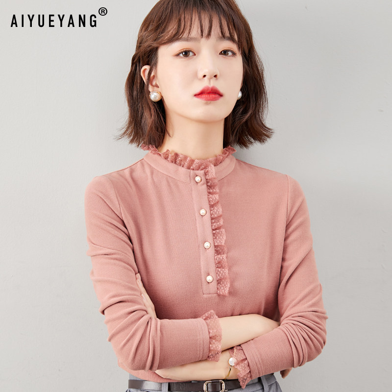 双面德绒秋冬打底衫女2020年新款立领蕾丝磨毛加厚长袖内搭上衣潮