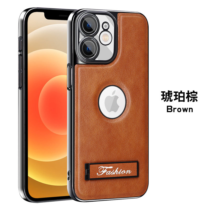 适用苹果12promax手机壳iphone12pro商务电镀皮革ipone12全包max后壳ip十二por超薄iphnoe金属折叠支架pm男女