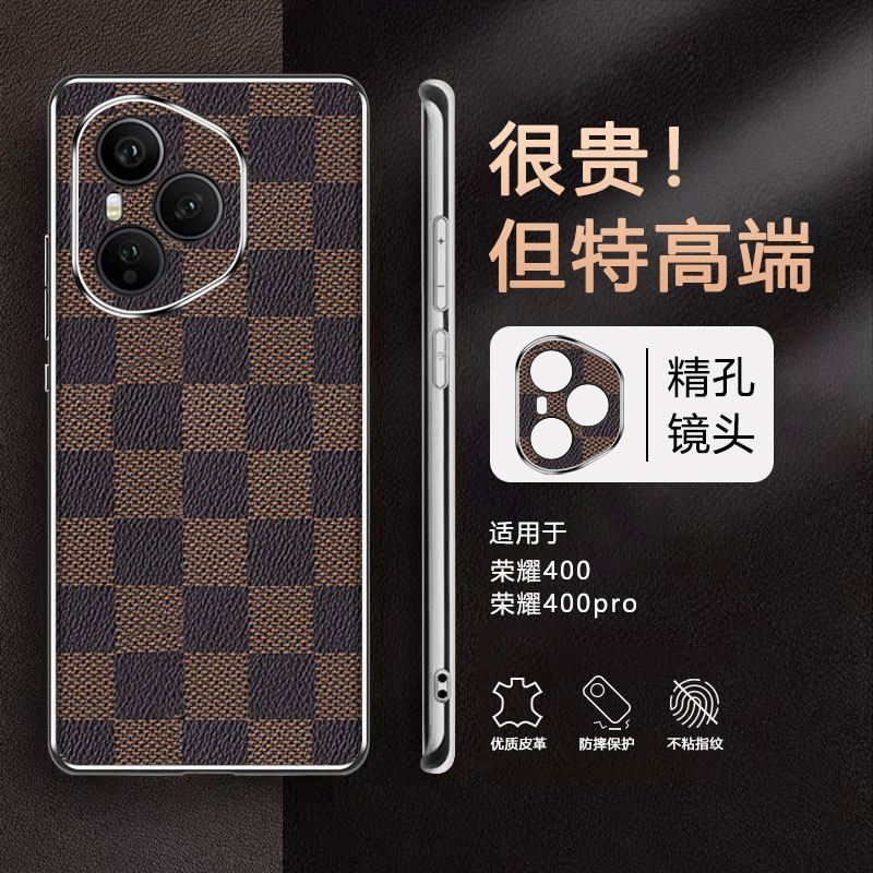 适用华为荣耀400手机壳honor400pro曲屏电镀方格皮纹4oopro全包镜头保护壳p400时尚皮革x400防摔四百pr0新款