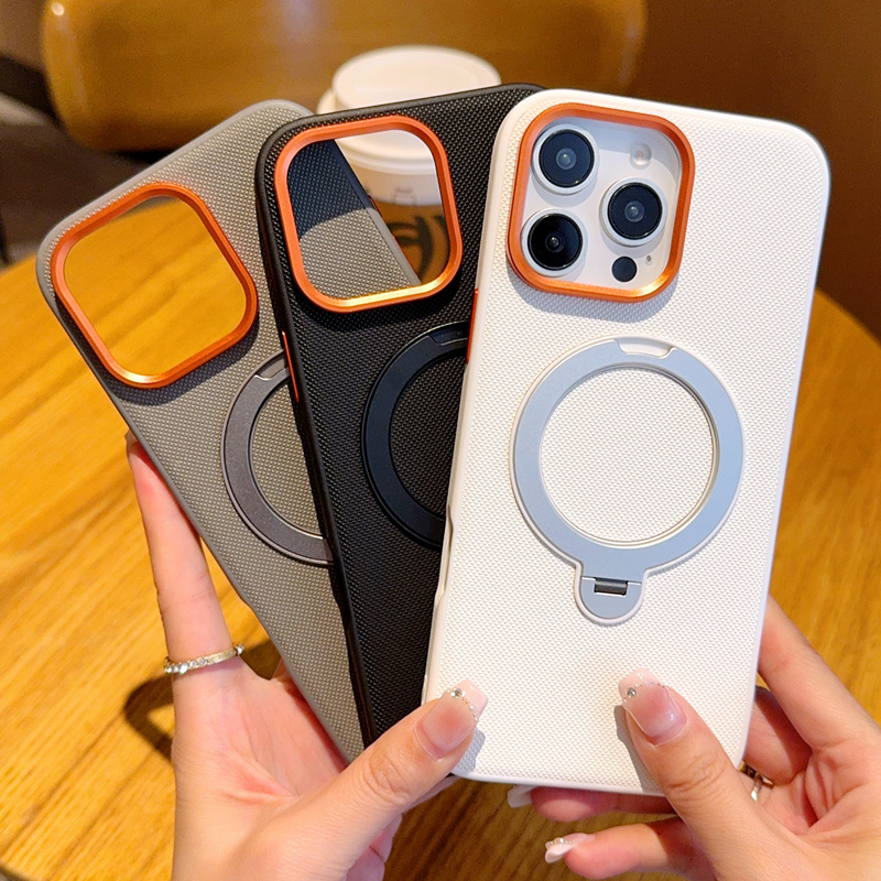适用苹果16plus手机壳iphone16promax时尚素皮ip15pro全包16max后壳十六por简约皮质pius磁吸旋转支架peo新款