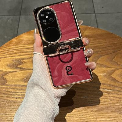 适用华为pocket2手机壳p50pocket电镀金边皮革pockets蛇年皮纹s折叠屏中轴packet2全包镶钻指环poket女款pock