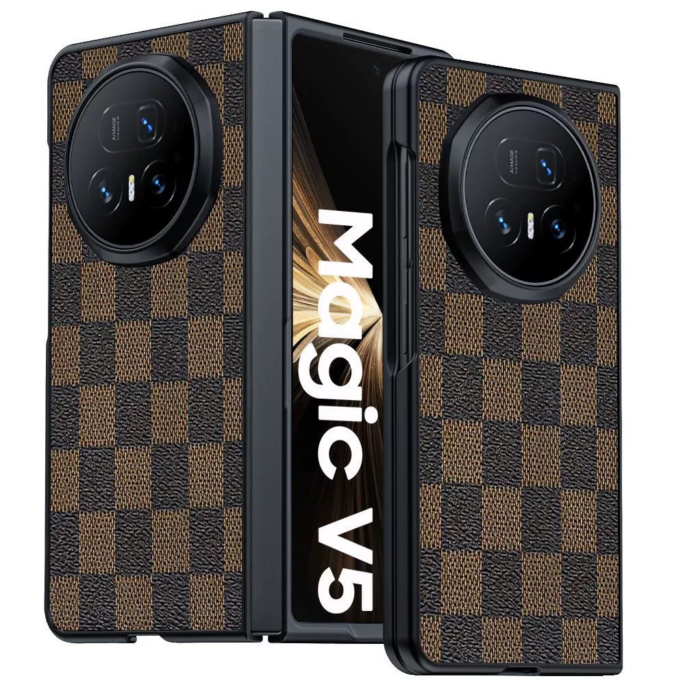 适用荣耀magicv5手机壳honormagicv5简约格子纹皮革magic v5折叠屏maigcv全包外壳MHG一AN00超薄皮质防摔新款