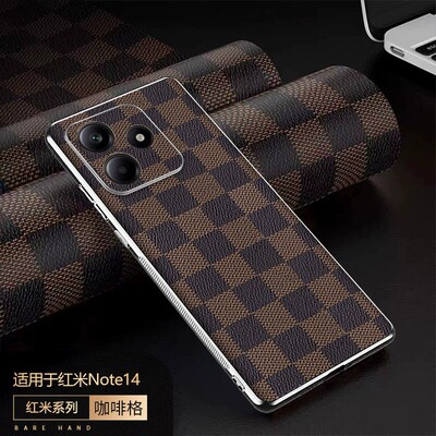 适用红米note14手机壳redminote14pro十电镀方格子皮纹pro+全包软边后壳小米noto超薄皮革nont十四por男not女