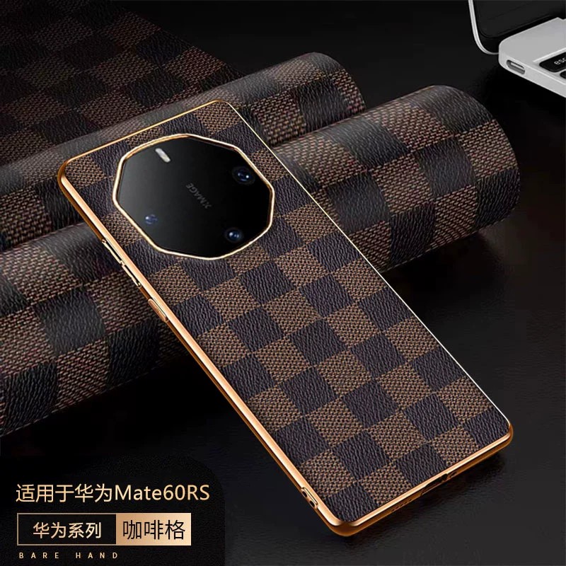 适用华为mate60rs手机壳mete40保时捷电镀金边m50rs方格皮纹sr全包软边后壳meite迈特mt时尚皮革meto男meat女