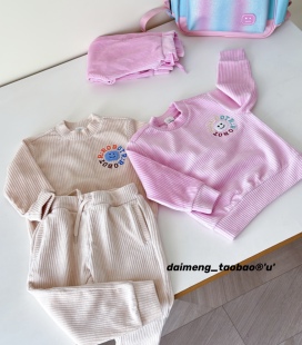 100-150码出口韩冬款男女童两色条绒卫衣松紧腰运动裤套装