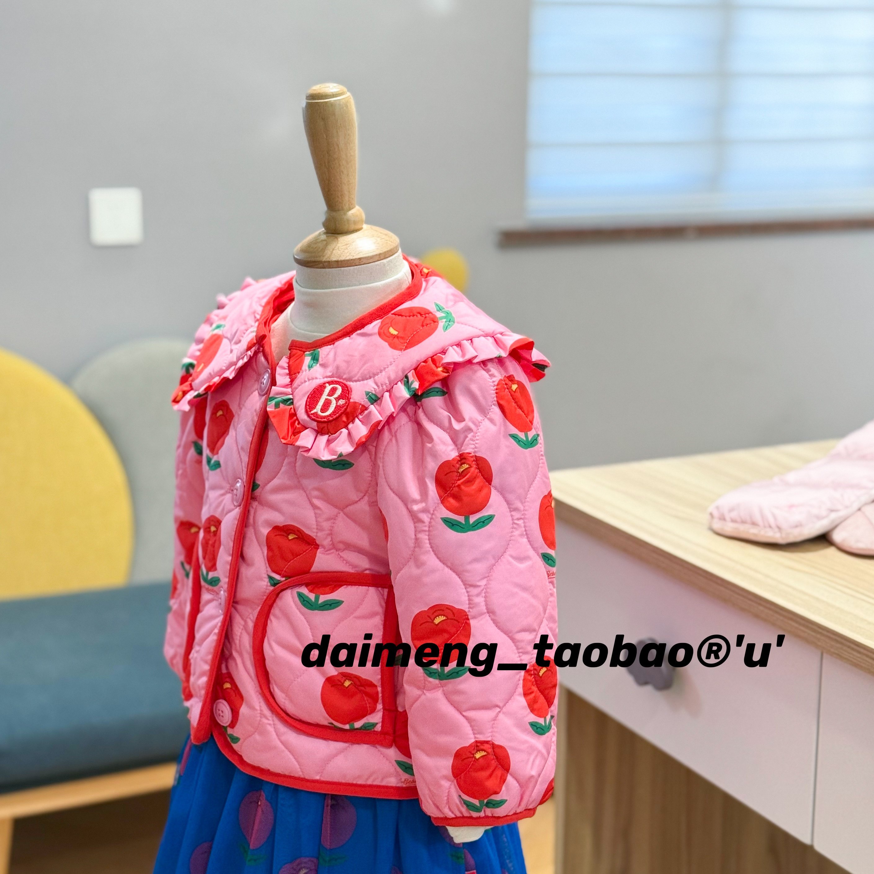 100-130码出口韩冬款女童女宝粉色满印郁金香可拆卸领棉衣棉服