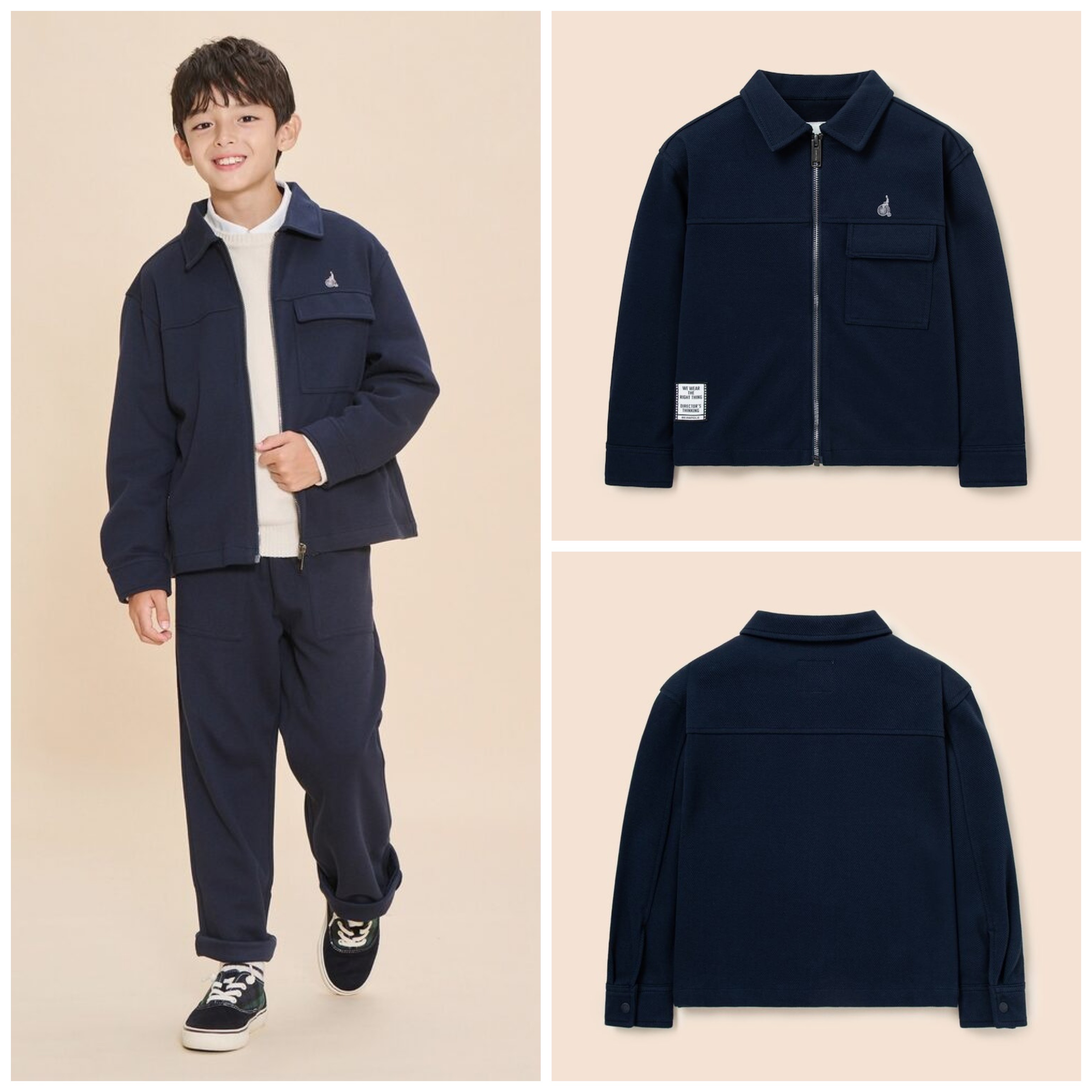 120-165码出口韩春秋款男女童中大童藏蓝翻领休闲拉链夹克外套