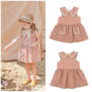 100-120码出口韩夏款女童女宝蕾丝拼接翻领红格甜美无袖连衣裙