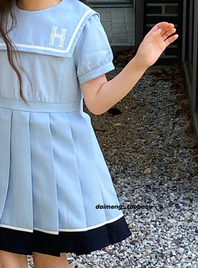 110-165码出口韩夏款女童中大童蓝色海军翻领泡泡短袖拼接连衣裙