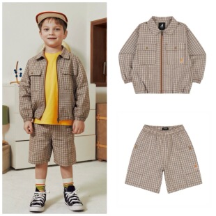110-155码出口韩春夏款男女童中大童棕格复古拼色外套短裤分开卖