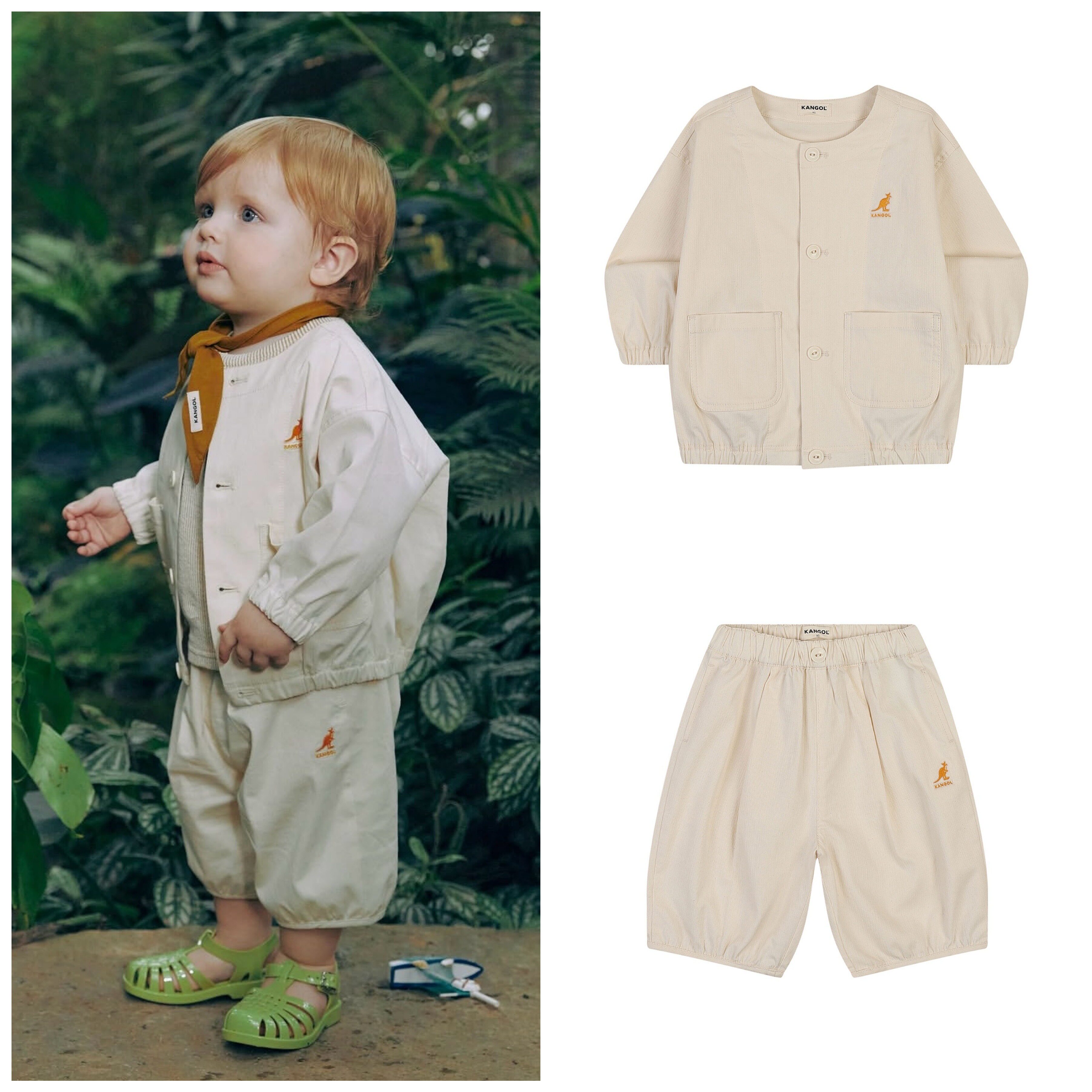 90-100码出口韩春夏款男女童宝宝米色圆领长袖外套洋气中裤分开卖