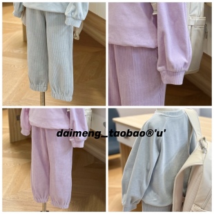 110-150码出口韩秋冬款女童中大童两色圆领条绒卫衣运动裤套装