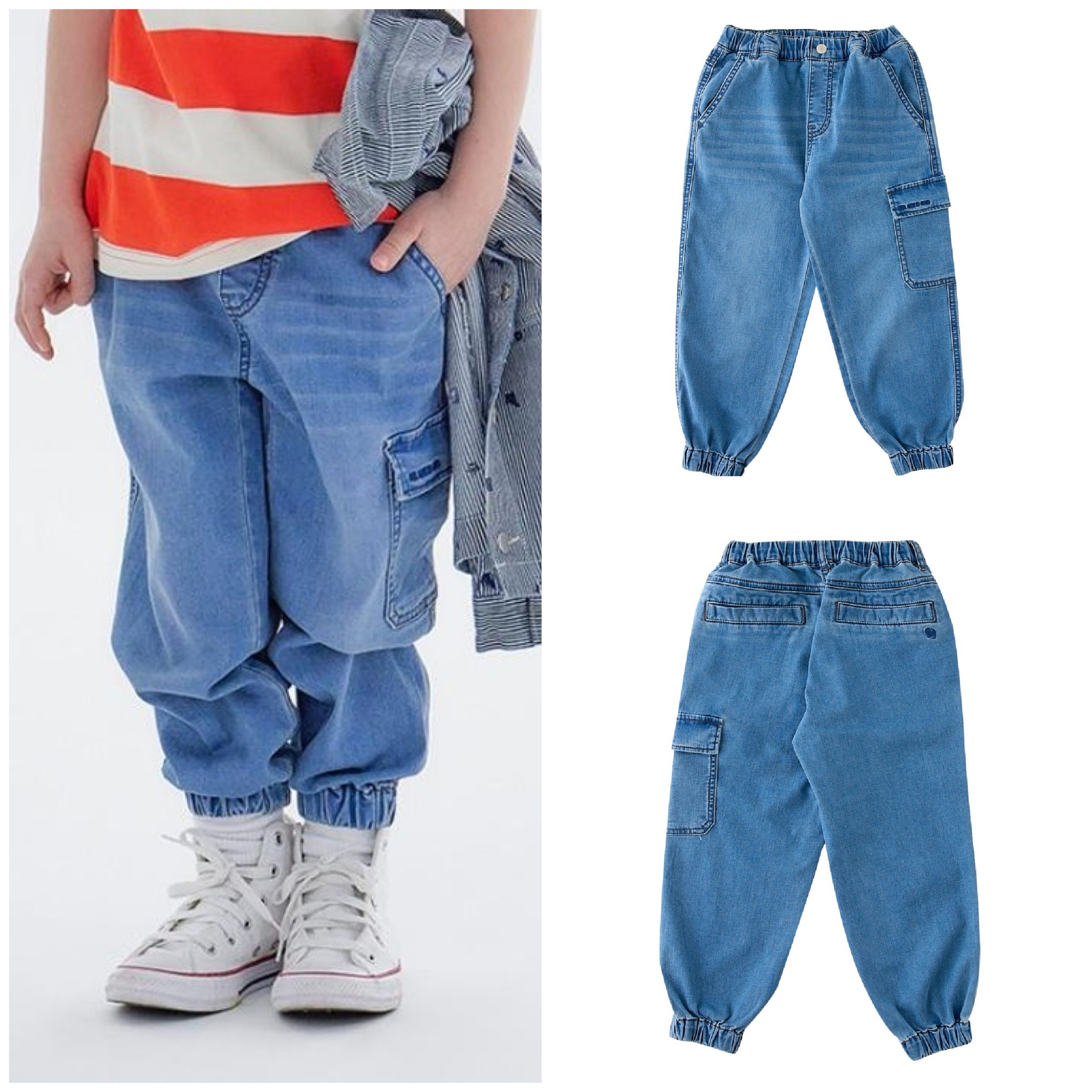 100-165码出口韩春款男女童中性松紧腰个性大口袋刺绣收腿牛仔裤