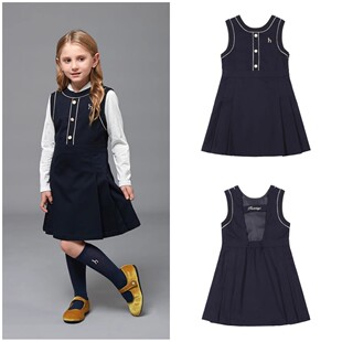 110-165码出口韩高端秋冬款女童中大童圆领蓝色设计款背心连衣裙