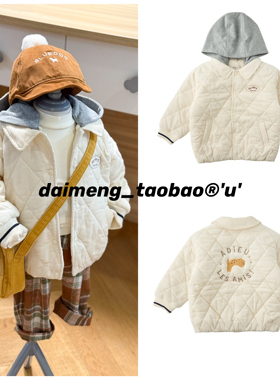 90-130码出口韩冬款男女童宝宝白色条绒卡通刺绣连帽保暖棉衣棉服