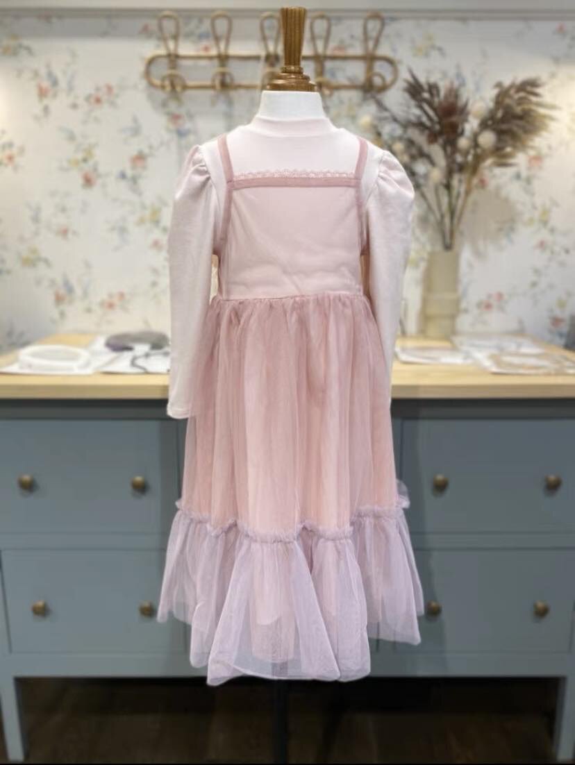 110-130码出口韩秋冬款女童粉色圆领吊带拼接假两件网纱连衣裙