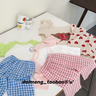 100-150码出口韩春夏款男女童三色圆领卡通中袖中裤家居服套装