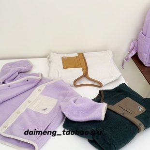 110-150码出口韩秋冬款男女童三色拼色口袋洋气薄款羊羔绒外套