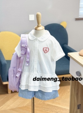 110-150码出口韩夏款女童白色翻领红心刺绣木耳花边拼接短袖衬衣