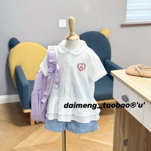 110-150码出口韩夏款女童白色翻领红心刺绣木耳花边拼接短袖衬衣