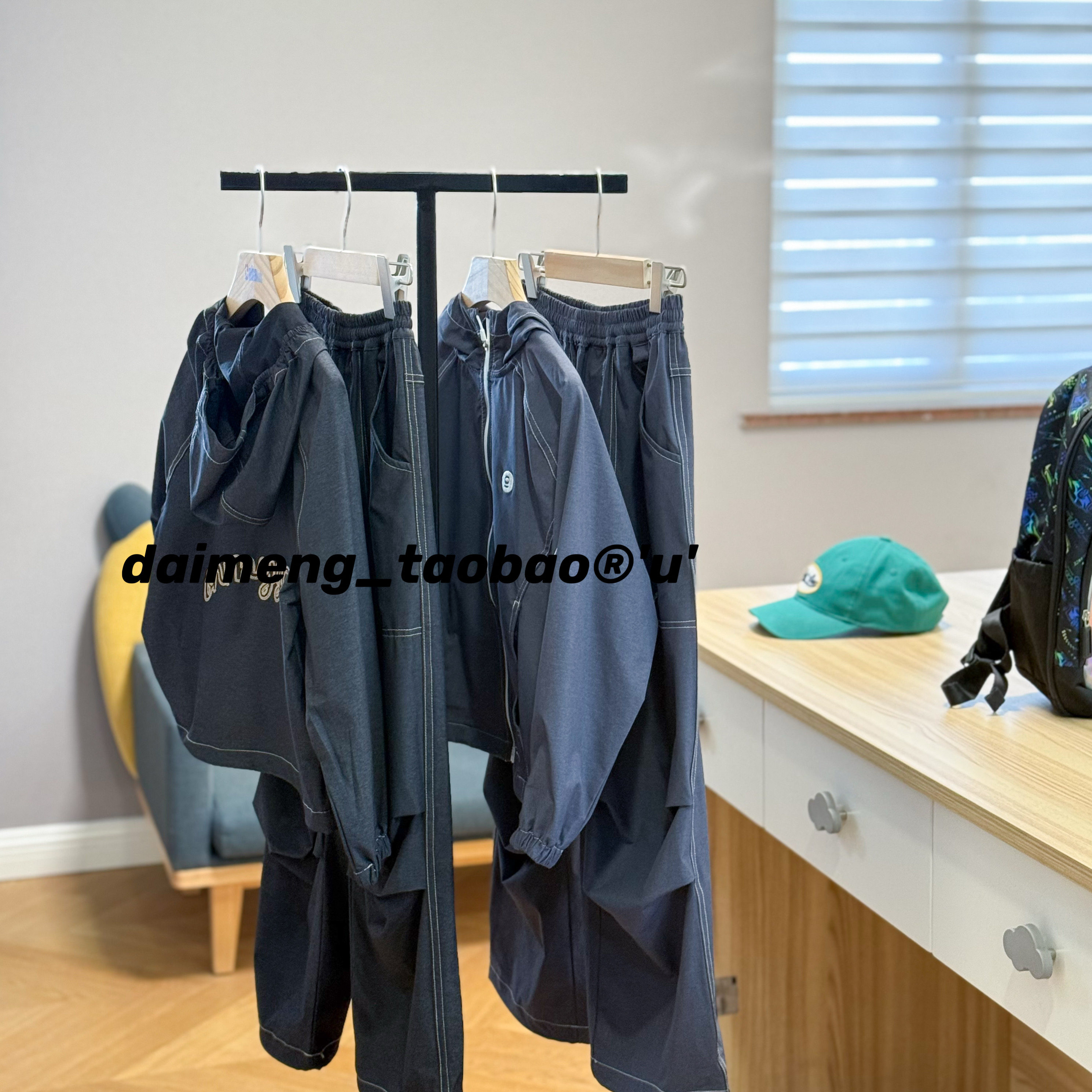 包邮！130-170码春夏款男女童两色薄软连帽外套伞兵运动裤可亲子