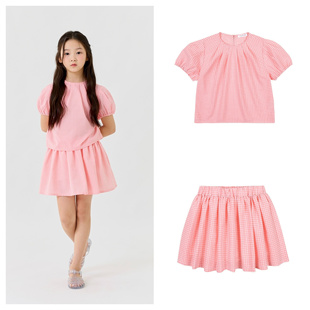 100-150码出口韩夏款女童中大童粉格圆领泡泡短袖半裙甜美套装
