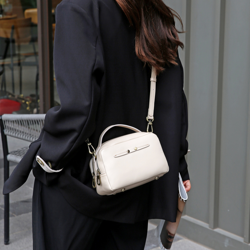 真皮小方包双拉链手提单肩斜挎