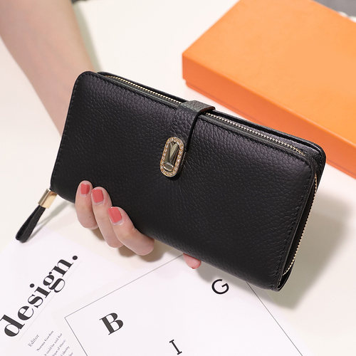 2023新款时尚女士薄款软牛皮钱夹真皮钱包女长版零钱包搭扣皮夹潮