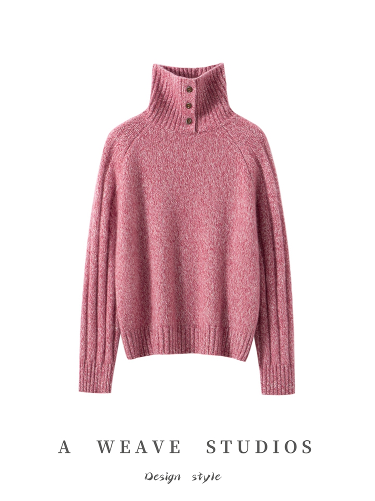 山羊绒+桑蚕丝高翻领系扣花纱羊绒衫女气质通勤毛衣宽松加厚秋冬