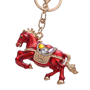 新中式镶钻画油立体生肖小马车钥匙扣金属可爱男女包包挂件钥匙链