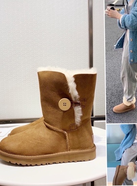 澳洲进口羊皮毛一体雪地靴女中筒一粒扣5803显瘦保暖棉靴冬季女棉