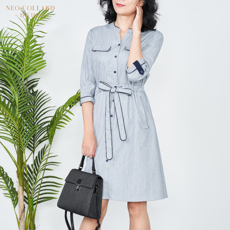 羽衣甘蓝服饰旗舰店春季新款腰带全棉透气吸汗浅色中长款连衣裙女