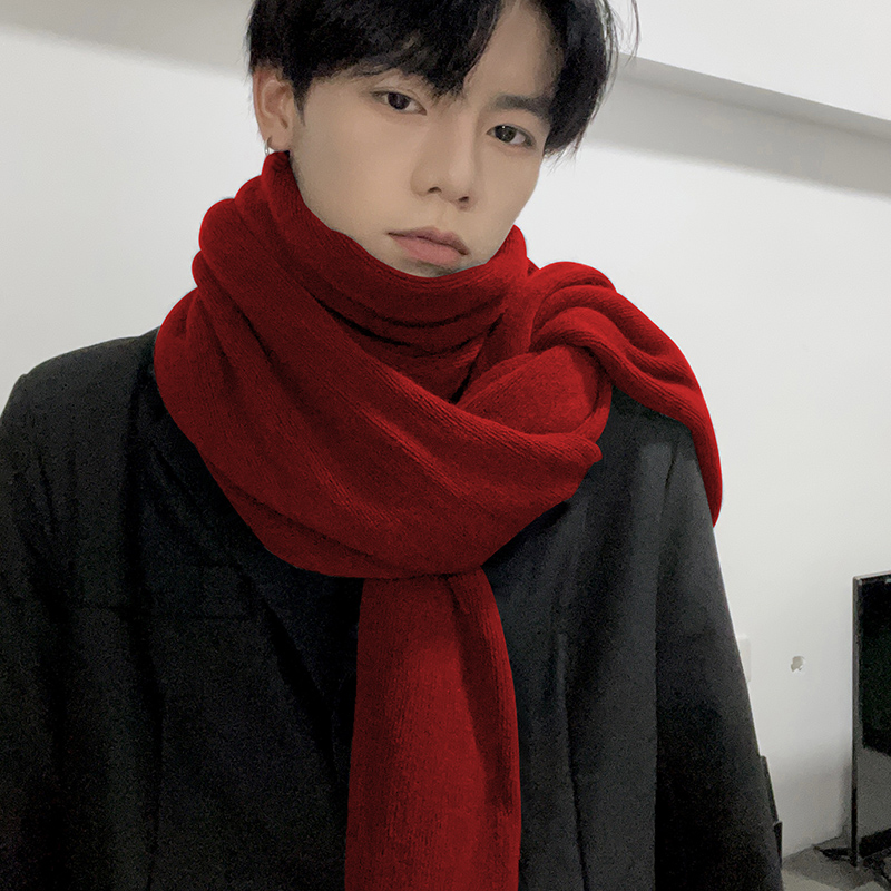 冬天百搭毛线针织围巾新年大红色