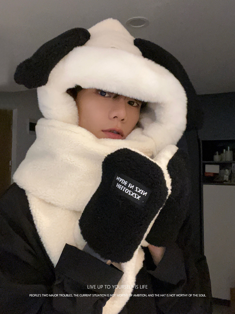 커플의 귀여운 파차 강아지 플러시 스카프 남자 겨울 따뜻한 장갑 모자 스카프 올인원 3 종 세트