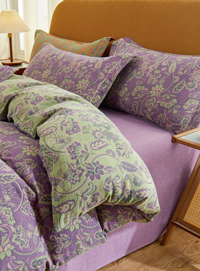 纯棉A类双层纱被套单件复古色织提花双面全棉纱布被罩床笠定制做