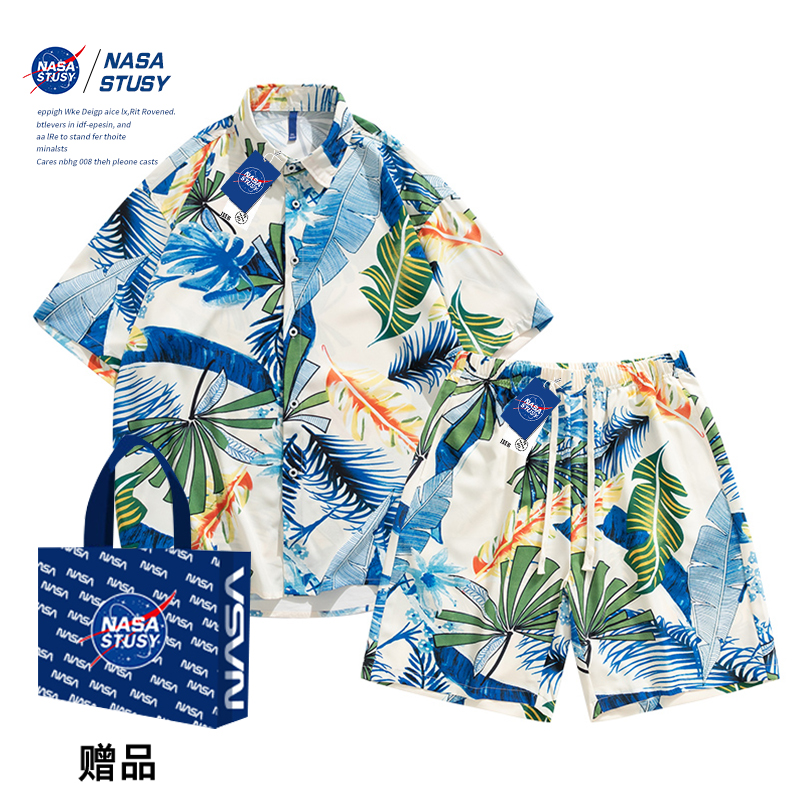 NASA STUSY潮牌夏季夏威夷短袖衬衣短裤套装男士痞帅两件套