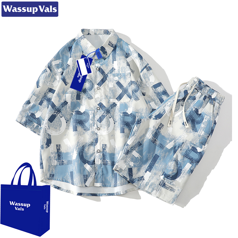 WASSUP VALS高级感印花衬衫套装男士夏季薄款青少年痞帅短裤短袖