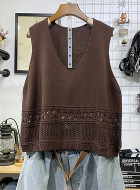 春秋大码显瘦镂空花纹棉线针织马甲背心女式短款洋气外搭毛衣坎肩