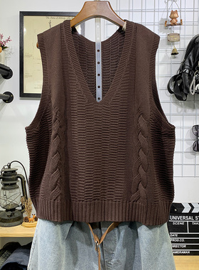 春秋大码女装V领黑色毛衣坎肩宽松显瘦洋气外穿纯棉针织马甲背心