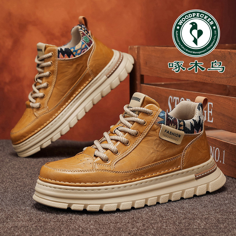 啄木鸟高帮板鞋软底防水厚底皮鞋