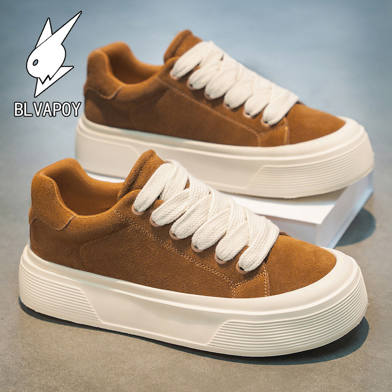 啄木鸟男鞋真皮复古板鞋男春夏新款男士反绒皮厚底休闲鞋子帆布鞋