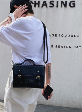 英伦复古剑桥包中性风手提皮包韩版潮流公文包男生黑色皮质斜挎包