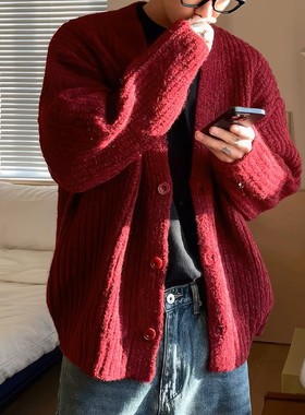 宽松红色毛衣开衫外套男元旦过年氛围大红色针织衫上衣韩版毛线衣