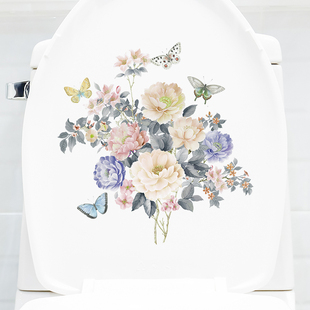 饰墙贴纸厕所瓷砖马桶贴画水箱盖 水墨淡彩植物花卉蝴蝶小清新装