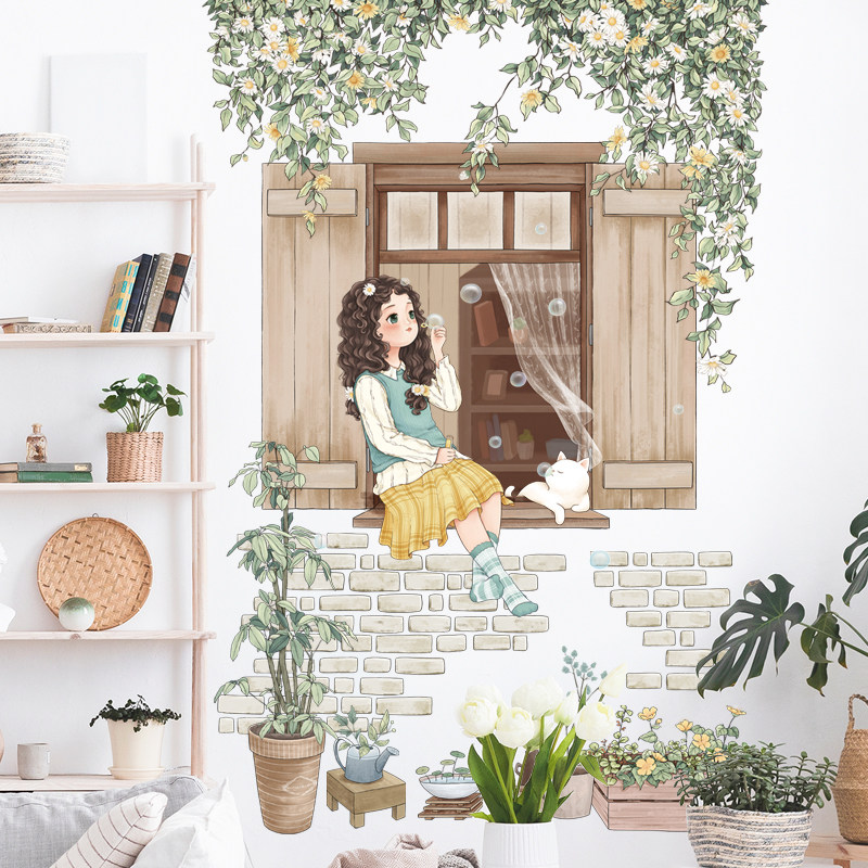 墙贴叶子窗台女孩猫咪小清新植物盆栽卧室温馨防水床头寝室装饰画,家居饰品,软装墙贴,淘宝优惠券,粉丝福利购,淘宝优惠卷