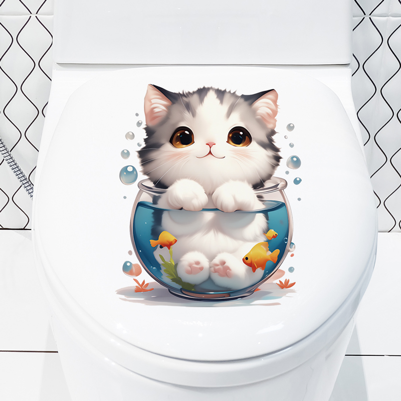 卡通可爱猫咪鱼缸墙贴纸自粘防水幼儿园装饰画布置寝室厕所卫生间图片