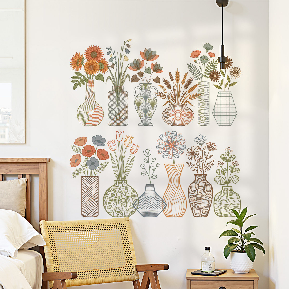 几何线条盆栽自粘墙壁贴纸清新简约墙面上遮丑装饰出租屋改造可撕