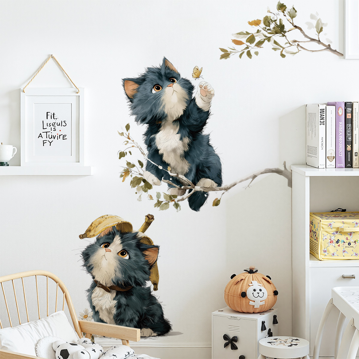 可爱治愈系蓝色猫咪枝条自粘墙壁贴纸房间室内墙面上装饰贴画布置