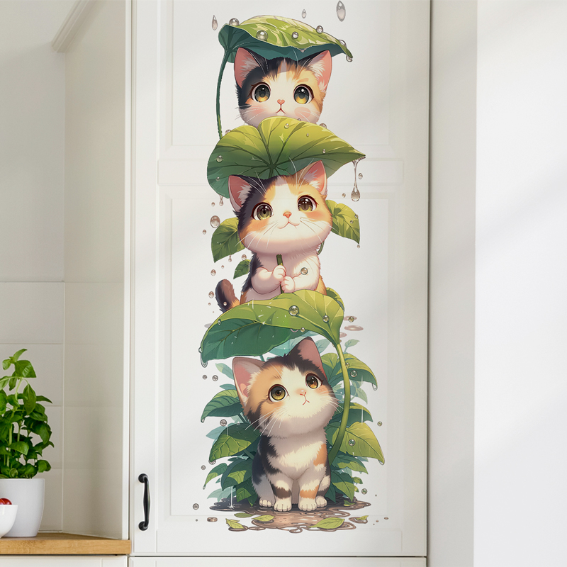 卡通可爱猫咪雨滴绿叶墙贴纸自粘防水儿童房间卧室墙面装饰贴画图片